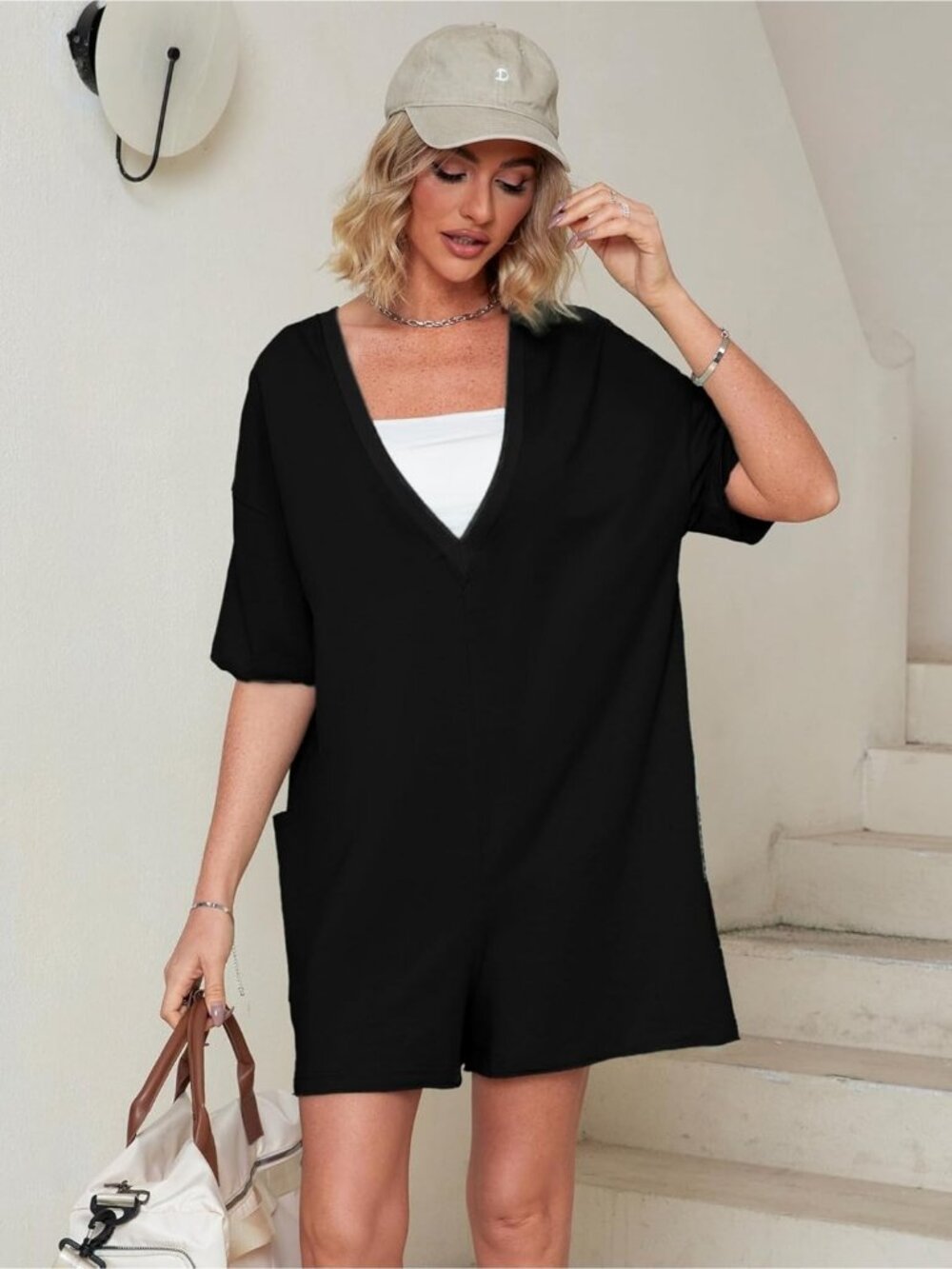 Women's Black Summer Casual Onesie Backless Loose Short Oversized Tee Romper - Picture 5 of 5